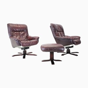 Scandinavian Leather Swivel Chairs with Footrest, 1970s, Finland, Set of 3-TZ-1117898