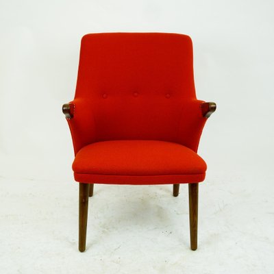 Scandinavian Mini Bear Teak Lounge Chair with New Red Fabric by Svend Skipper-MH-876868