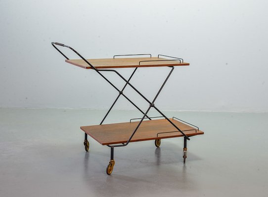 Scandinavian Minimalist Foldable and Mobile Teak Tea Trolley on Black Steel Frame, 1950s-IXC-743505