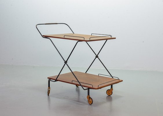 Scandinavian Minimalist Foldable and Mobile Teak Tea Trolley on Black Steel Frame, 1950s-IXC-743505