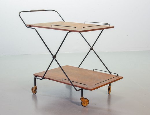 Scandinavian Minimalist Foldable and Mobile Teak Tea Trolley on Black Steel Frame, 1950s-IXC-743505