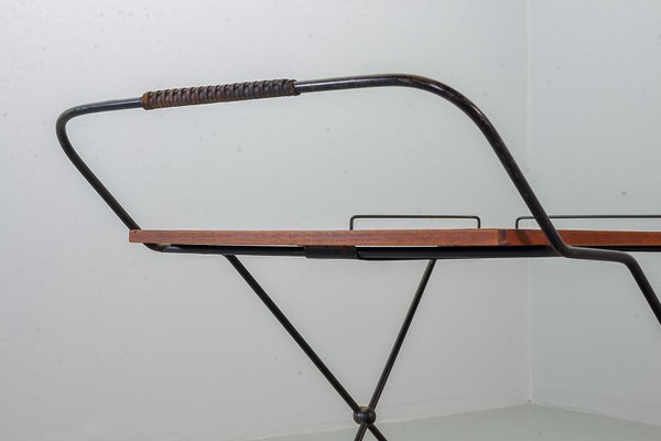 Scandinavian Minimalist Foldable and Mobile Teak Tea Trolley on Black Steel Frame, 1950s-IXC-743505