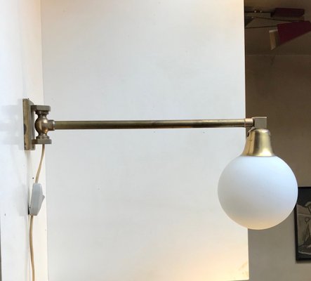 Scandinavian Modern Brass Swing Arm Wall Sconce with Opaline Sphere, 1960s-LCR-991865