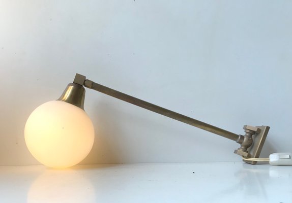 Scandinavian Modern Brass Swing Arm Wall Sconce with Opaline Sphere, 1960s-LCR-991865