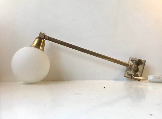 Scandinavian Modern Brass Swing Arm Wall Sconce with Opaline Sphere, 1960s-LCR-991865