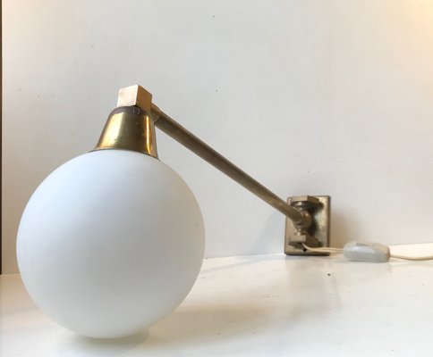 Scandinavian Modern Brass Swing Arm Wall Sconce with Opaline Sphere, 1960s-LCR-991865