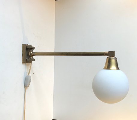 Scandinavian Modern Brass Swing Arm Wall Sconce with Opaline Sphere, 1960s-LCR-991865