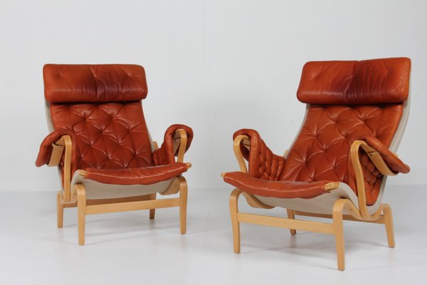 Scandinavian Modern Pernilla Easy Chairs in Steam Bend Beech with Cognac Colored Leather Cushions by Bruno Mathsson, for Dux, Sweden, 1970s, Set of 2-QQ-2022460