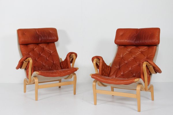 Scandinavian Modern Pernilla Easy Chairs in Steam Bend Beech with Cognac Colored Leather Cushions by Bruno Mathsson, for Dux, Sweden, 1970s, Set of 2-QQ-2022460