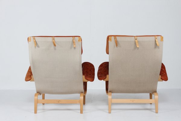 Scandinavian Modern Pernilla Easy Chairs in Steam Bend Beech with Cognac Colored Leather Cushions by Bruno Mathsson, for Dux, Sweden, 1970s, Set of 2-QQ-2022460