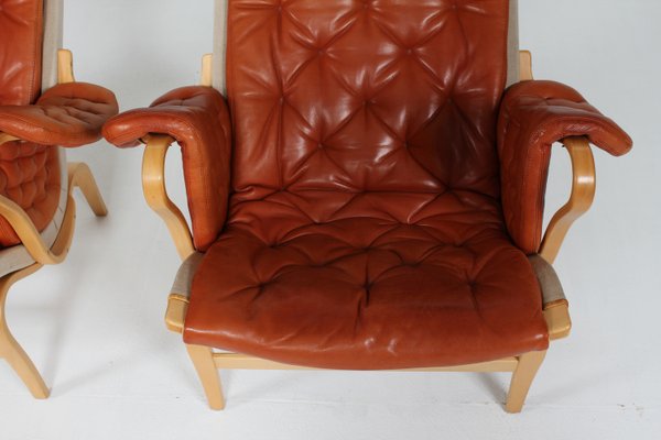 Scandinavian Modern Pernilla Easy Chairs in Steam Bend Beech with Cognac Colored Leather Cushions by Bruno Mathsson, for Dux, Sweden, 1970s, Set of 2-QQ-2022460