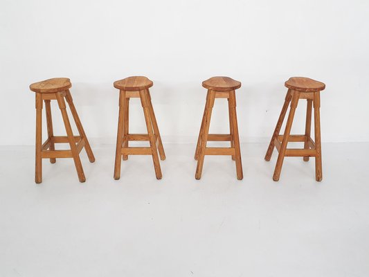 Scandinavian Modern Pinewood Bar Stools, 1970s, Set of 4-ZO-1076512