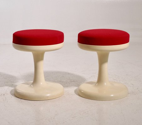 Scandinavian Modern Stools with Red Fabric Upholstery, 1960s, Set of 2-SA-1003444