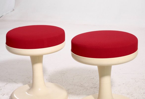 Scandinavian Modern Stools with Red Fabric Upholstery, 1960s, Set of 2-SA-1003444