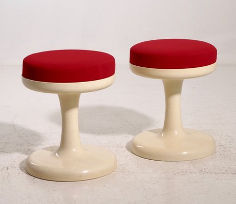 Scandinavian Modern Stools with Red Fabric Upholstery, 1960s, Set of 2-SA-1003444