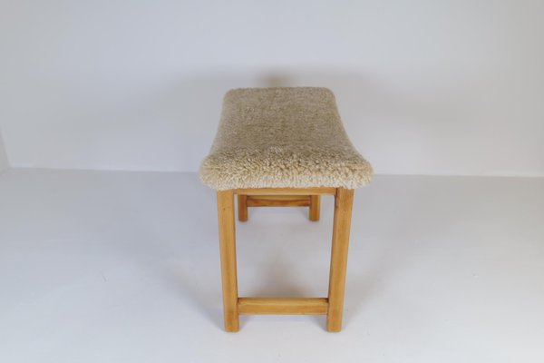 Scandinavian Modern Swedish Stool in Pine and Sheepskin, 1970s-UYK-1266792