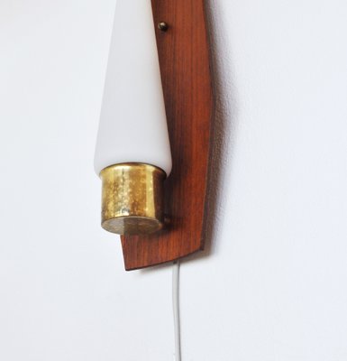 Scandinavian Modern Wall Light in Teak, Brass and Opaline Glass, 1960s-HPQ-1279442