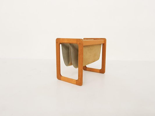 Scandinavian Oak and Suede Magazine Stand, 1960s-ZO-991506