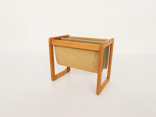 Scandinavian Oak and Suede Magazine Stand, 1960s-ZO-991506