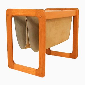 Scandinavian Oak and Suede Magazine Stand, 1960s-ZO-991506