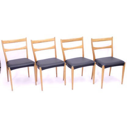 Scandinavian Oak Dining Chairs With Black Leather Seats, 1950s, Set of 4-KQ-787374