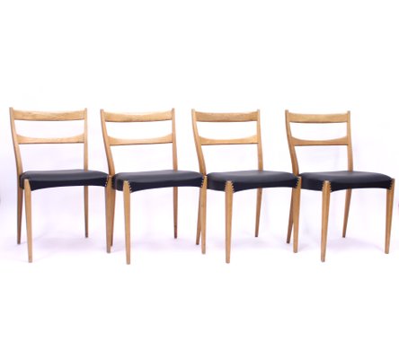 Scandinavian Oak Dining Chairs With Black Leather Seats, 1950s, Set of 4-KQ-787374