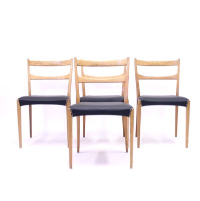 Scandinavian Oak Dining Chairs With Black Leather Seats, 1950s, Set of 4-KQ-787374