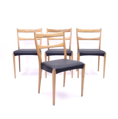 Scandinavian Oak Dining Chairs With Black Leather Seats, 1950s, Set of 4-KQ-787374