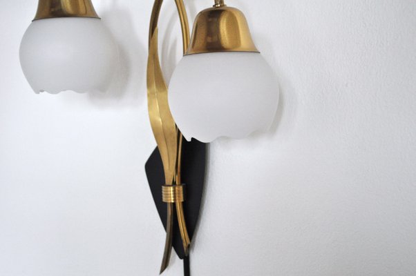 Scandinavian Organic 2-Arm Wall Light in Brass and Opaline, 1940s-HPQ-1273923