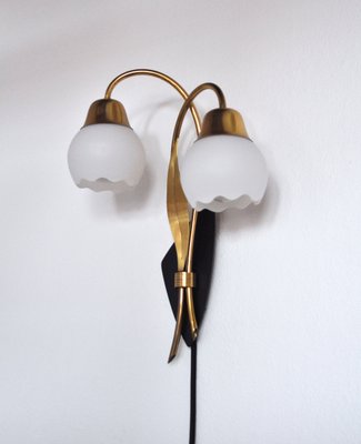 Scandinavian Organic 2-Arm Wall Light in Brass and Opaline, 1940s-HPQ-1273923