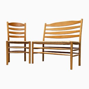 Scandinavian Papercord Bench and Chair in Oak from TS, Set of 2-UAH-1446972