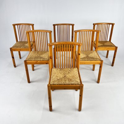 Scandinavian Pine and Rush Dining Chairs, 1970s, Set of 6-RMX-1728791