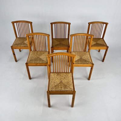 Scandinavian Pine and Rush Dining Chairs, 1970s, Set of 6-RMX-1728791