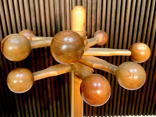 Scandinavian Sculptural Pine Wood Coat Rack with Rotatable Ball-Shaped Hooks, 1970s-JP-1000318