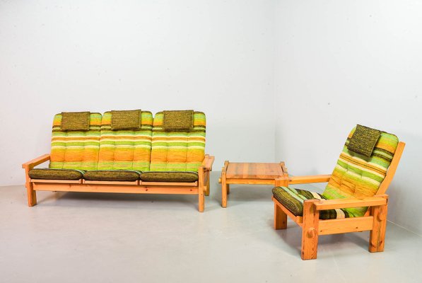 Scandinavian Seating Group in Pinewood & Rainbow Fabric by Yngve Ekström for Swedese, 1970s, Set of 5-IXC-1377489