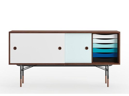 Scandinavian Sideboard F1 in Walnut with Blues Doors and Drawers-PI-1772848