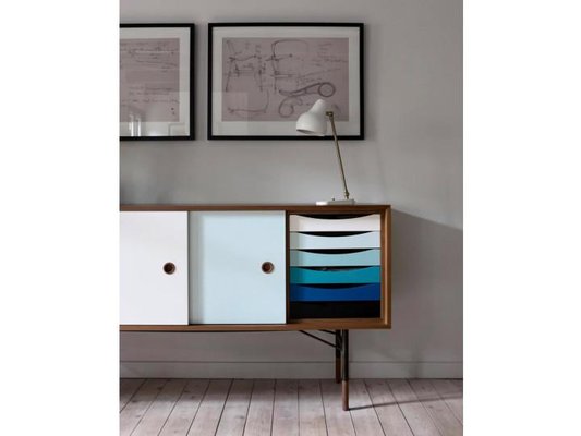 Scandinavian Sideboard F1 in Walnut with Blues Doors and Drawers-PI-1772848