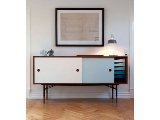 Scandinavian Sideboard F1 in Walnut with Blues Doors and Drawers-PI-1772848