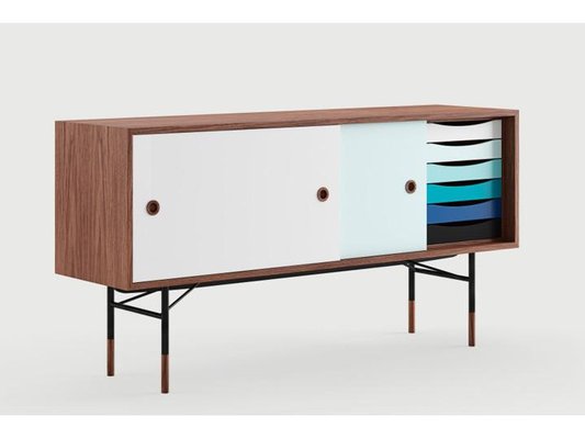 Scandinavian Sideboard F1 in Walnut with Blues Doors and Drawers-PI-1772848