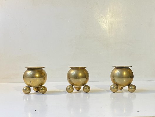 Scandinavian Space Age Brass Cauldron Candlesticks, 1950s, Set of 3-LCR-1787670