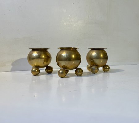 Scandinavian Space Age Brass Cauldron Candlesticks, 1950s, Set of 3-LCR-1787670