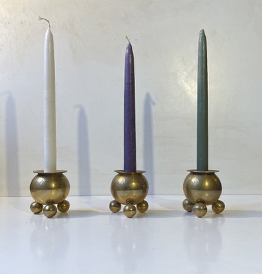 Scandinavian Space Age Brass Cauldron Candlesticks, 1950s, Set of 3-LCR-1787670