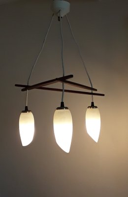 Scandinavian Style 3-Flamed Ceiling Lamp in Teak and Glass Shade, 1960s,-HOI-1417706