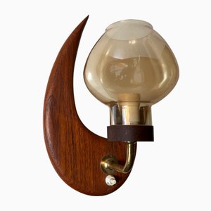 Scandinavian Teak and Smoked Glass Moon Sconce, 1960s-LCR-705898