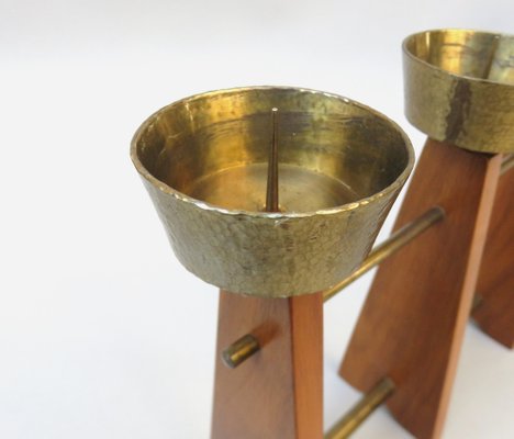 Scandinavian Teak & Brass 5-Fold Candleholder, 1960s-EY-1279827