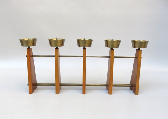 Scandinavian Teak & Brass 5-Fold Candleholder, 1960s-EY-1279827