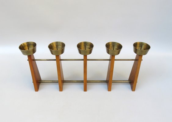 Scandinavian Teak & Brass 5-Fold Candleholder, 1960s-EY-1279827