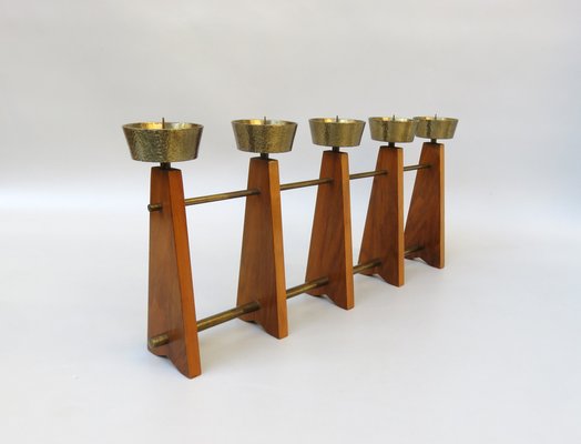 Scandinavian Teak & Brass 5-Fold Candleholder, 1960s-EY-1279827