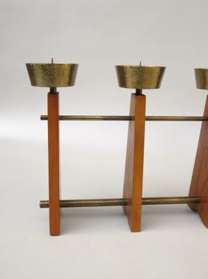 Scandinavian Teak & Brass 5-Fold Candleholder, 1960s-EY-1279827