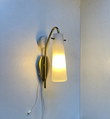 Scandinavian Wall Sconce in Brass and White Glass, 1950s-LCR-1256572